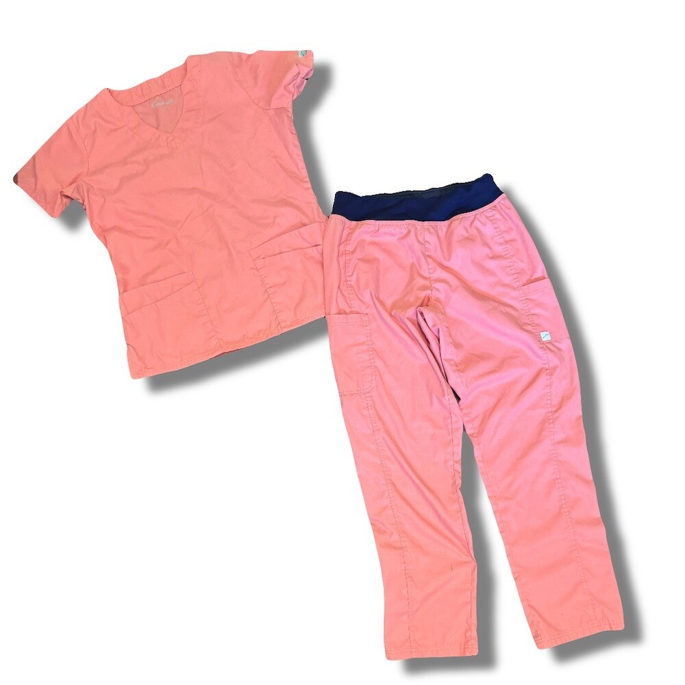 Butter-Soft Womens Scrub Set Size S Pink V-Neck Top & Pants Navy Waist